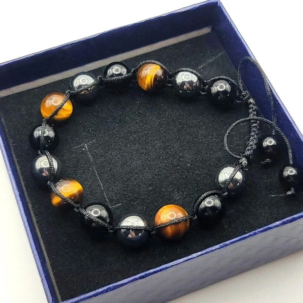 Healing Crystal Bracelet Men Women Obsidian Hematite Tiger Eye Stones Adjustable